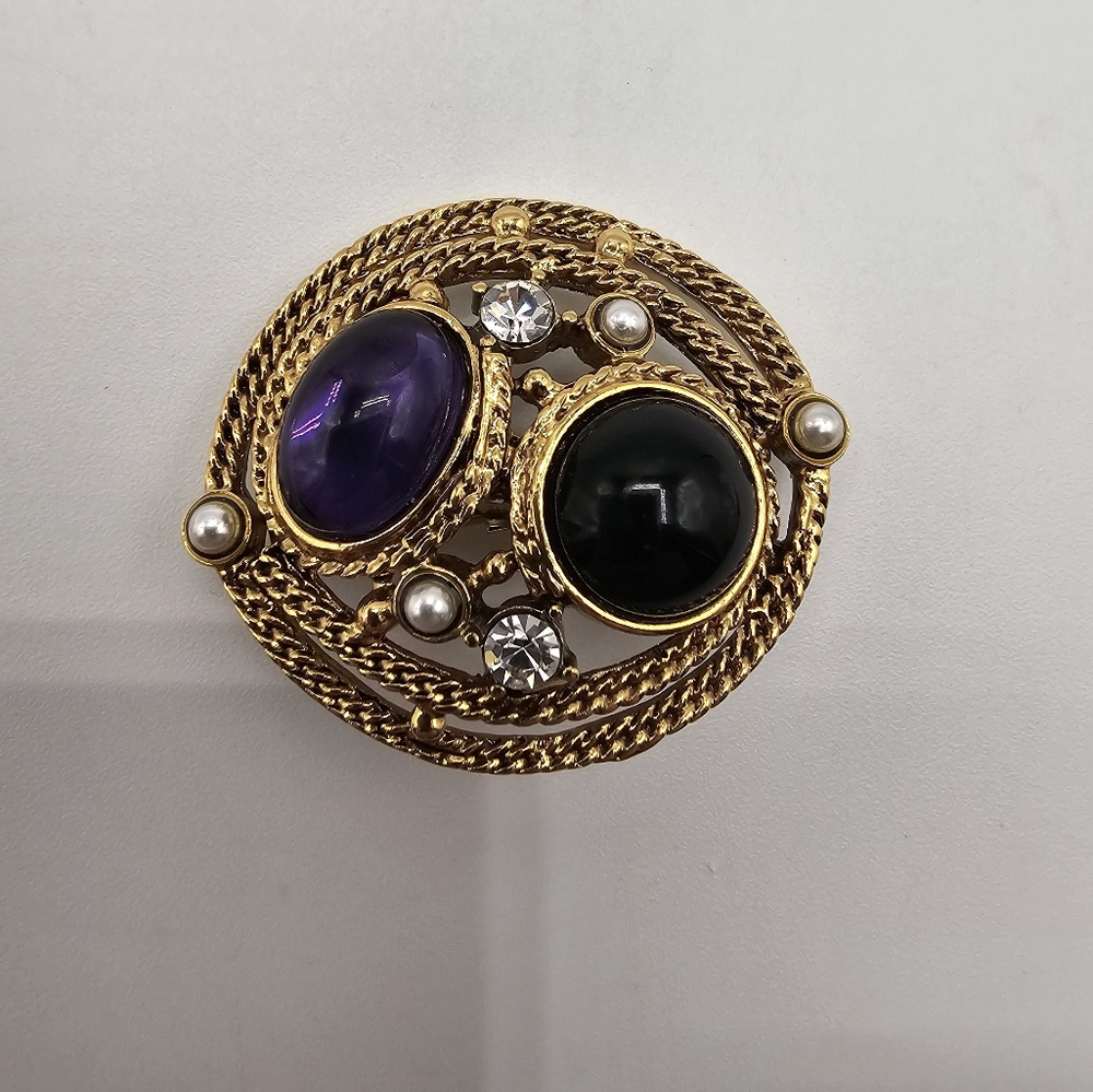 Brooch - purple and black cabochons, gold tone EUC